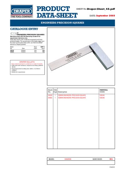Draper Engineers Precision Squares Datasheet - cover page