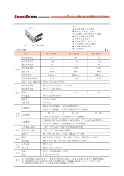 SP-500W series Single Road output Switch power supply Manual - cover page