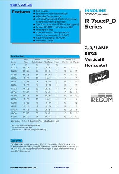 Recom R-7xxxP_D Series DC/DC Converter Datasheet - cover page