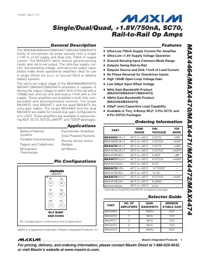Maxim MAX4464/MAX4470/MAX4471/MAX4472/MAX4474 Op Amp Datasheet - cover page