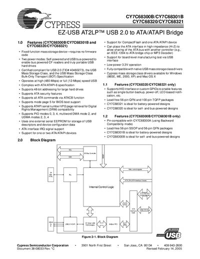 Cypress CY7C68300B/CY7C68301B/CY7C68320/CY7C68321 USB 2.0 to ATA/ATAPI Bridge Datasheet - cover page