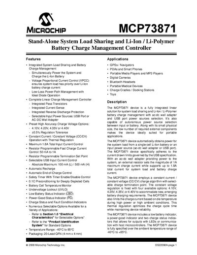 Microchip MCP73871 Battery Charge Management Controller Datasheet - cover page