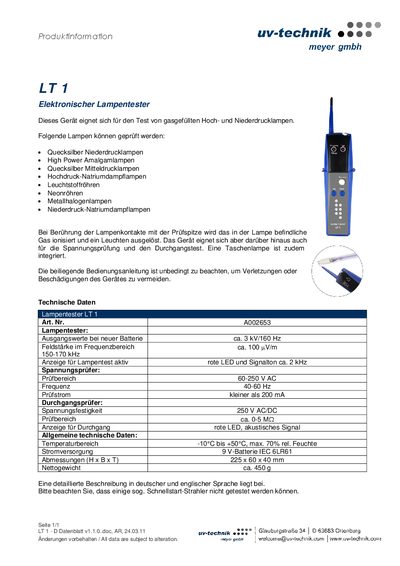 UV-technik LT 1 Electronic Lamp Tester Datasheet - cover page