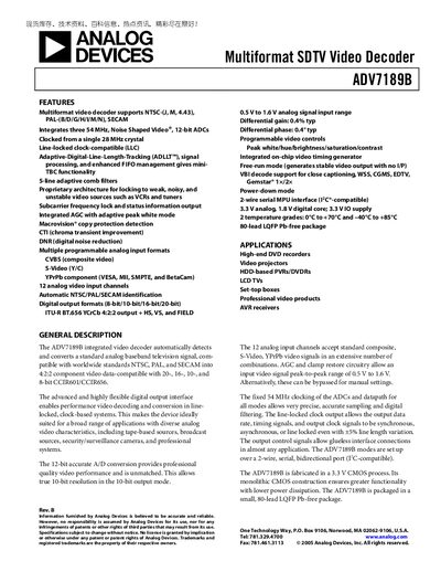 Analog Devices ADV7189B Video Decoder Datasheet - cover page