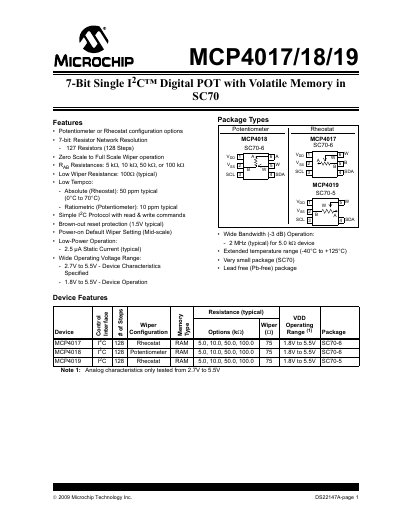 Microchip MCP4017/18/19 Digital Potentiometer Datasheet - cover page