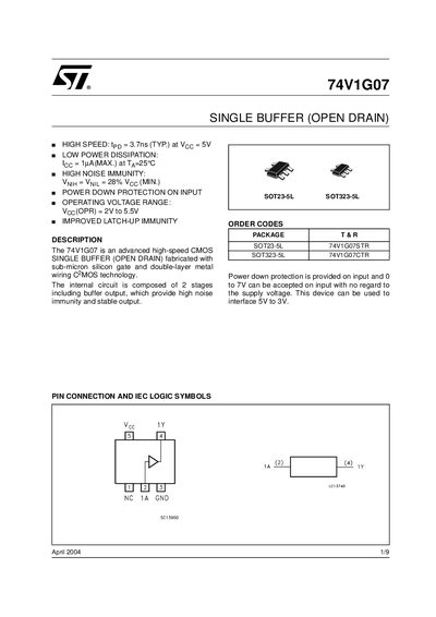STMicroelectronics 74V1G07 Single Buffer Datasheet - cover page