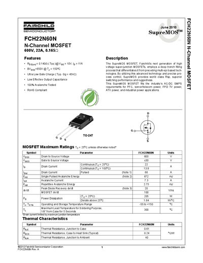 Fairchild FCH22N60N N-Channel MOSFET Datasheet - cover page