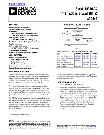 ANALOG DEVICES 3 mW 100 kSPS 14-Bit ADC in 6-Lead SOT-23 AD7940 handbook - cover page
