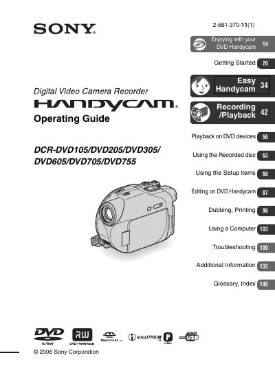 SONY DCR-DVD105/DVD250/DVD305/DVD605/DVD705/DVD755 digital camera operating instructions