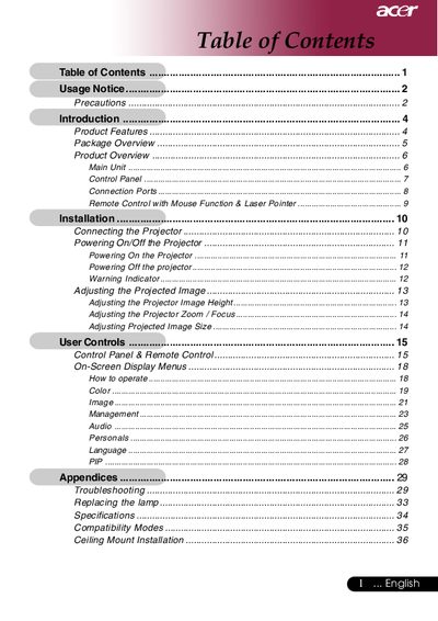 Acer Single Chip 0.7" DLP Projector User Manual - cover page