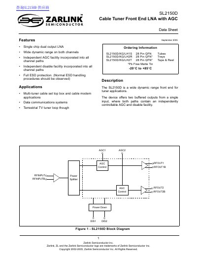 Zarlink SL2150D Cable Tuner Front End LNA with AGC Datasheet - cover page