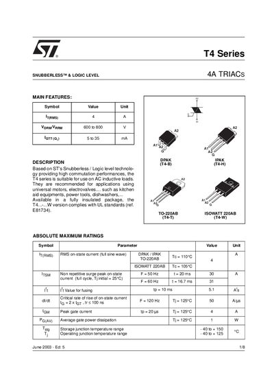 STMicroelectronics T4 Series Snubberless & Logic Level 4A Triac Datasheet - cover page