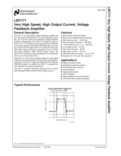 National Semiconductor LM7171 Very High Speed High Output Current Voltage Feedback Amplifier Datasheet - cover page