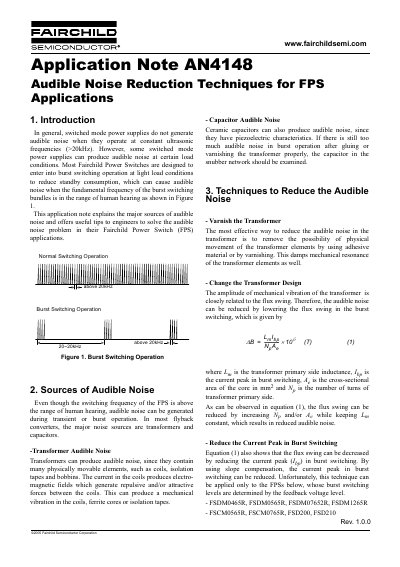Fairchild Semiconductor AN4148 Audible Noise Reduction Techniques for FPS Applications Application Note - cover page