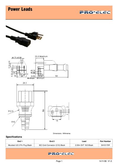PRO ELEC Moulded US 3 Pin Plug Black IEC Cold Connector (C13) Black 2.00m SVT 18/3 Black SH10170R - cover page