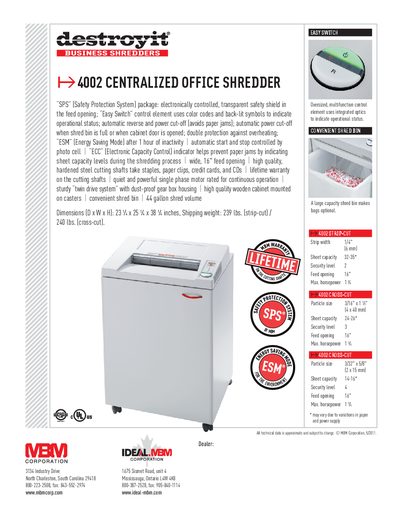 IDEAL 4002 Centralized Office Shredder Product Specifications - cover page