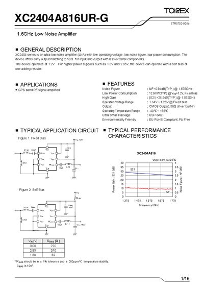 TOREX XC2404A816UR-G 1.6 GHz Low Noise Amplifier Datasheet - cover page
