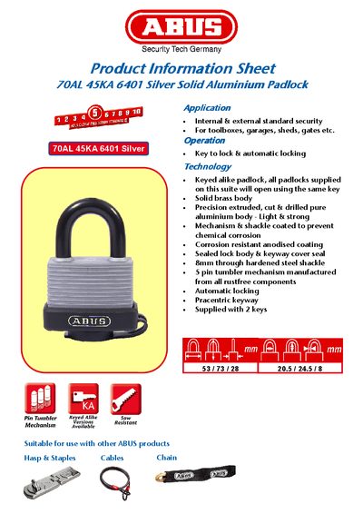 ABUS Product Information Sheet 70AL 45KA 6401 Silver Solid Aluminium Padlock handbook - cover page