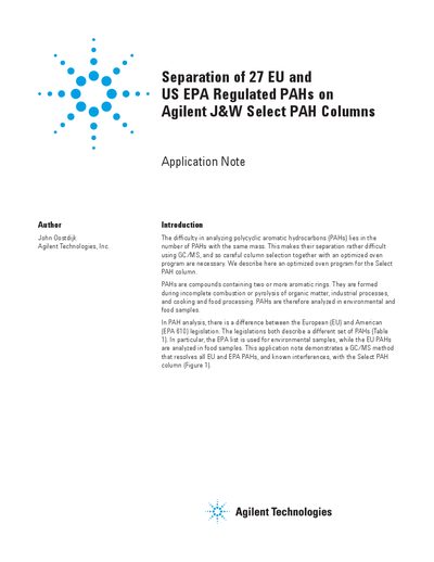 Separation of 27 EU and US EPA Regulated PAHs on Agilent J&W Select PAH Columns Application Note - cover page