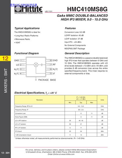 Hittite HMC410MS8G GaAs MMIC DOUBLE-BALANCED HIGH IP3 MIXER 9.0 - 15.0 GHz - cover page