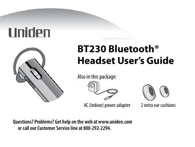Uniden BT230 Bluetooth Headset User's Guide - cover page