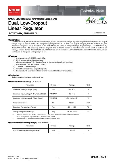 ROHM BD7003NUX/BD7004NUX Technical Note - cover page