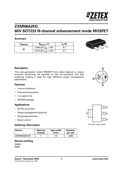Zetex ZXMN6A25G MOSFET Datasheet - cover page