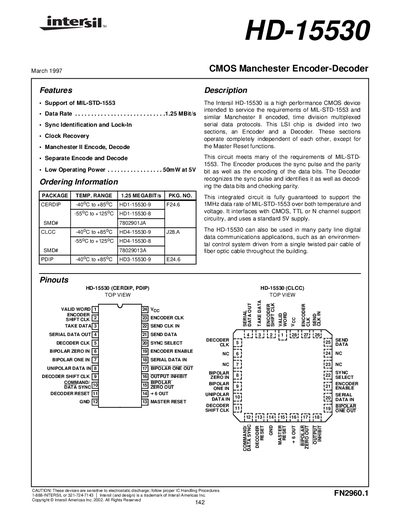 Intersil HD-15530 CMOS Manchester Encoder-Decoder Datasheet - cover page