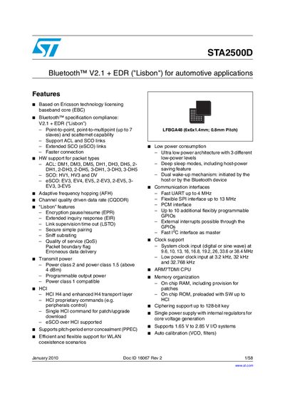 STMicroelectronics STA2500D Bluetooth Module Datasheet - cover page