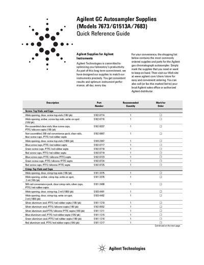 Agilent GC Autosampler Supplies (Models 7673/G1513A/7683) Quick Reference Guide - cover page