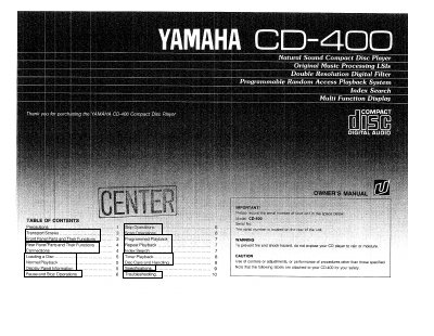 Yamaha CD-400 Compact Disc Player Owner's Manual - cover page