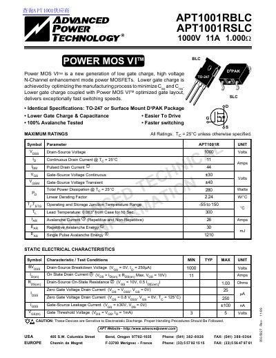 Advanced Power Technology APT1001RBLC/APT1001RSLC Datasheet - cover page