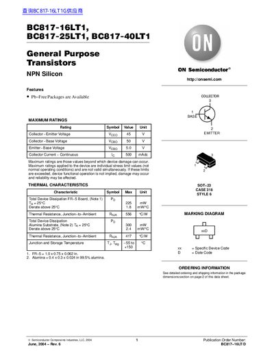 ON Semiconductor BC817-16LT1/25LT1/40LT1 General Purpose Transistors Datasheet - cover page