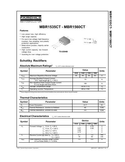 Fairchild MBR1535CT-MBR1560CT Schottky Rectifiers Datasheet