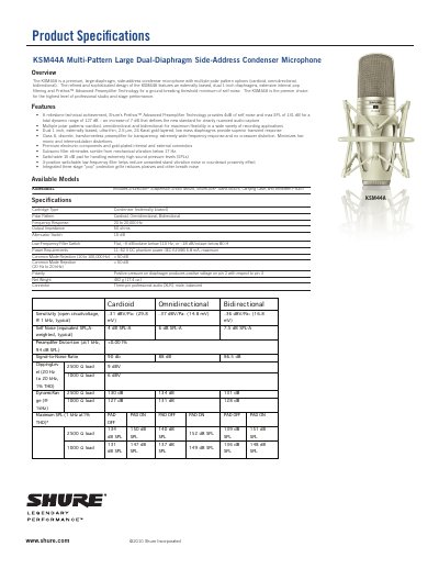 Shure KSM44A Multi-Pattern Large Dual-Diaphragm Side-Address Condenser Microphone Datasheet - cover page