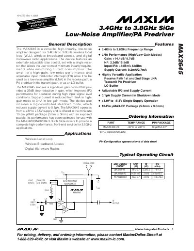 Maxim MAX2645 Low-Noise Amplifier/PA Predriver Datasheet - cover page