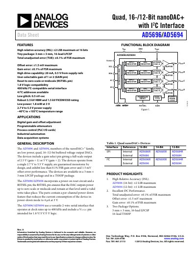 ANALOG DEVICES AD5696/AD5694: Quad 16-/12-Bit nanoDAC with I2C Interface Data Sheet (Rev 0 2012-07-24-)