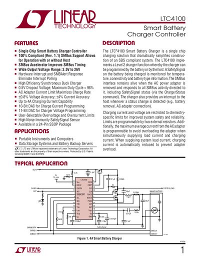 Linear Technology LTC4100 Smart Battery Charger Controller Datasheet - cover page