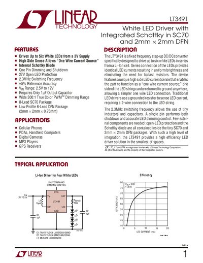 LINEAR TECHNOLOGY LT3491 White LED Driver with Integrated Schottky in SC70 2mm &times; 2mm DFN handbook - cover page