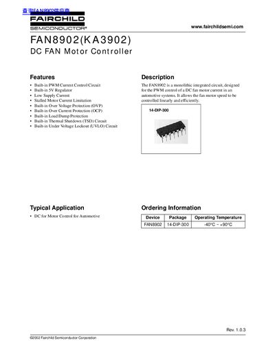 Fairchild FAN8902 (KA3902) DC Fan Motor Controller Datasheet - cover page
