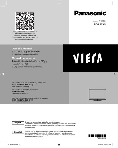 Panasonic TC-L32X5 32" Class LCD HDTV User Manual - cover page