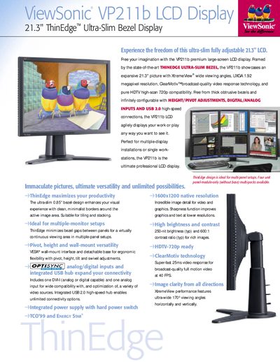 ViewSonic VP211b 21.3" ThinEdge Ultra-Slim LCD Display Product Leaflet - cover page