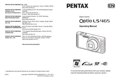 Pentax Optio LS 465 Digital Camera Operating Manual - cover page