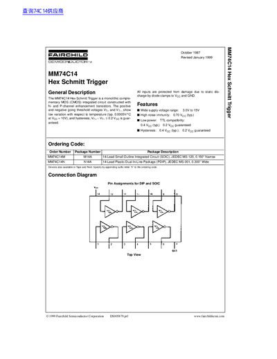 Fairchild MM74C14 Hex Schmitt Trigger Datasheet - cover page
