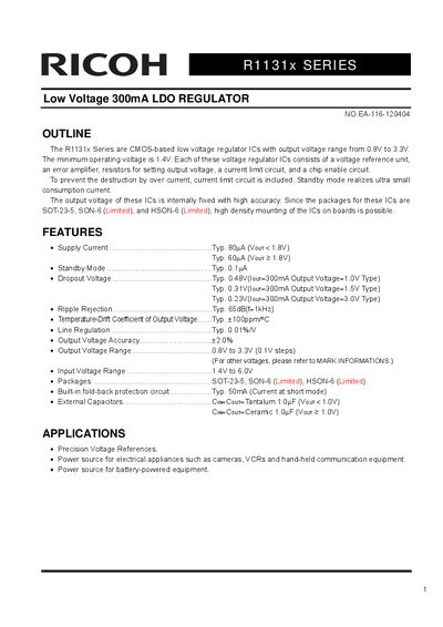 Ricoh R1131x Series Low Voltage LDO Regulator Datasheet - cover page
