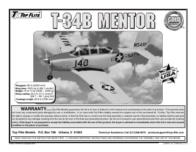 Top Flite TOPA0160 V1.0 Beechcraft T-34B Mentor Assembly Manual - cover page