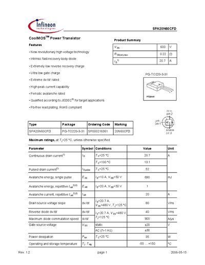 Infineon SPA20N60CFD CoolMOS Power Transistor Datasheet