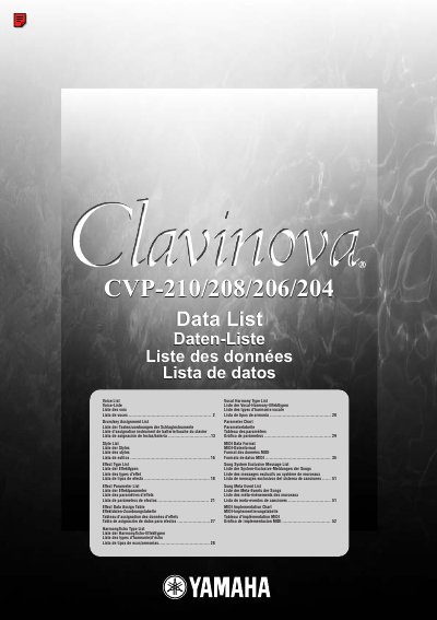 Yamaha CVP-210/208/206/204 Voice and Style Data List - cover page