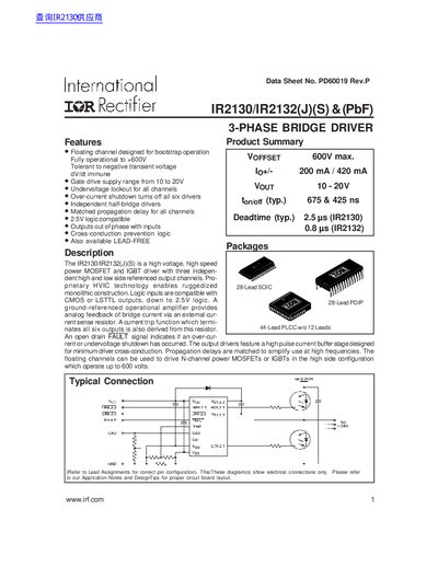 International Rectifier IR2130/IR2132(J)(S) 3-Phase Bridge Driver Datasheet - cover page