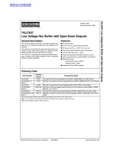 Fairchild Semiconductor 74LCX07 Low Voltage Hex Buffer with Open Drain Outputs Datasheet - cover page